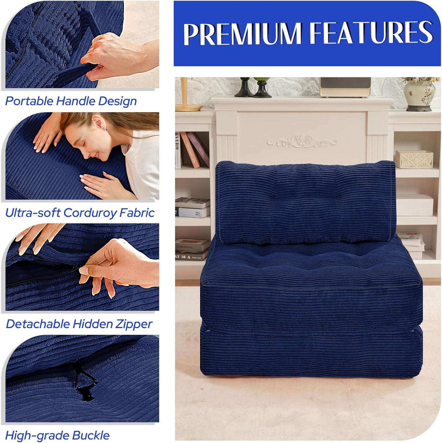 HABUTWAY Folding Sofa Bed, Convertible Sleeper Chair Bed w/Dual-Pillow & Handle, Foldable Floor Sofa Lounge w/Back Support for Living Room, Bedroom, Apartment, Office, Navy Blue