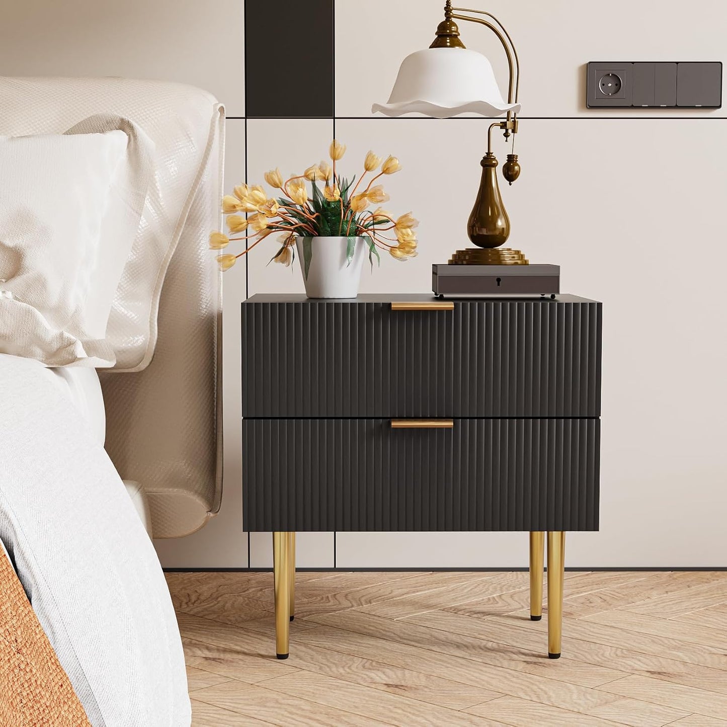 Black Nightstand for Bedroom, Fluted Night Stand Set of 2, Mid Century Modern Bedside Table with Gold Metal Legs