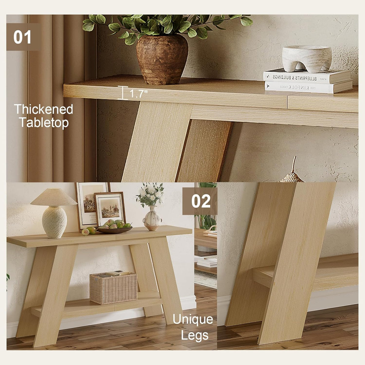 Treocho 63 Inch Long Console Tables for Entryway, 2-Tier Modern Wood Sofa Table with Shelf Behind Couch, Contemporary Narrow Entryway Table for Living Room, Hallway, Entrance, Hallway, Entrance, Oak