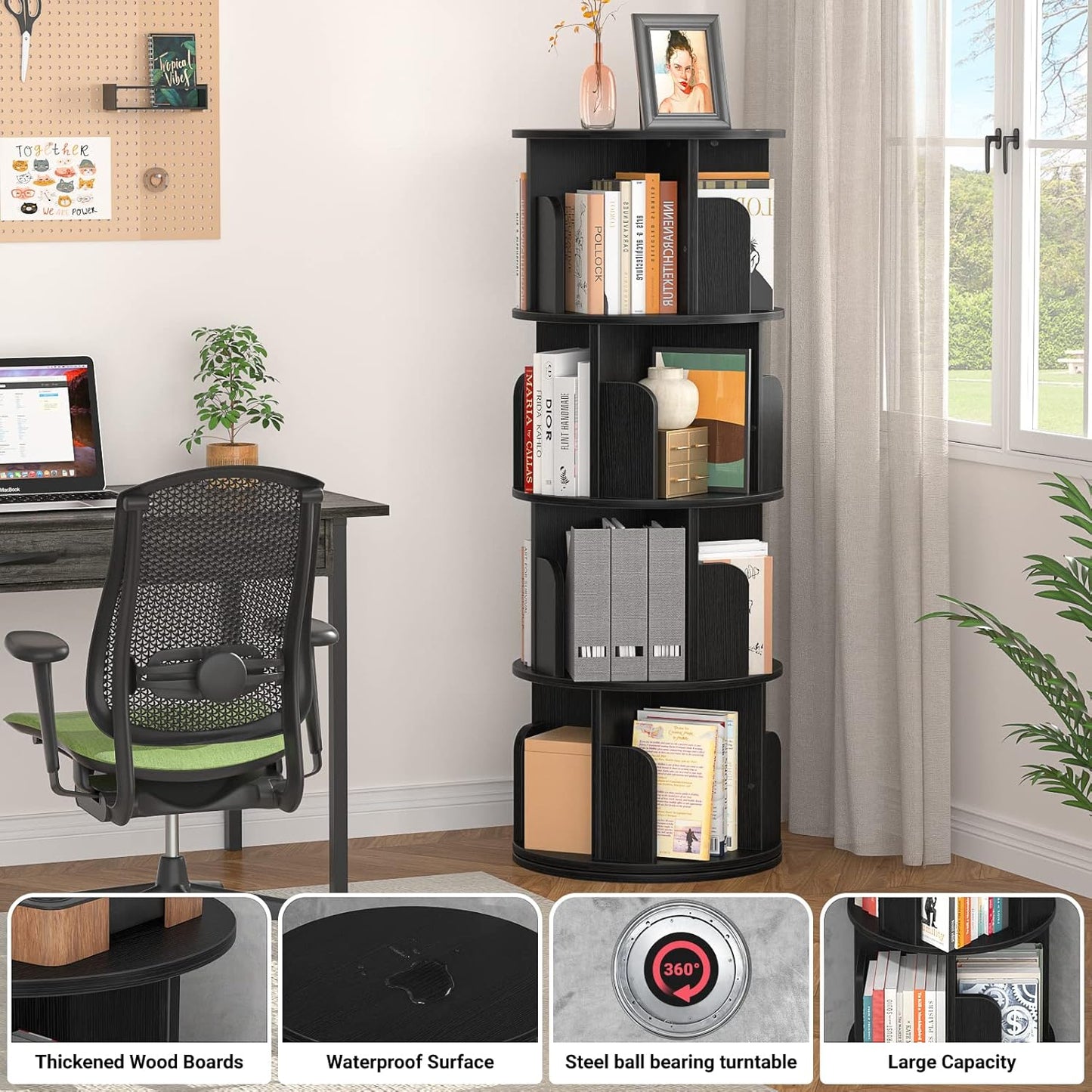 Aheaplus Rotating Bookshelf, 360 Revolving Bookshelf Tower for Small Space, 4 Tier Floor Standing Bookcase Storage Rack, Wood Narrow Book Shelf Organizer for Bedroom, Living Room, Study Room, Black