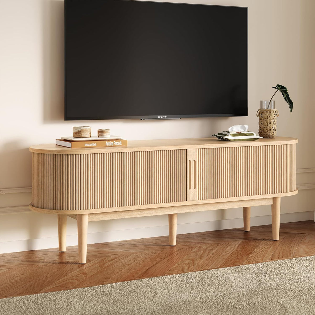 LINSY 58" Fluted TV Stand, Modern Entertainment Center for TVs Up to 65 inches, TV Console with Sliding Doors, Curved Profile Design, Media Console for Living Room, Light Wood