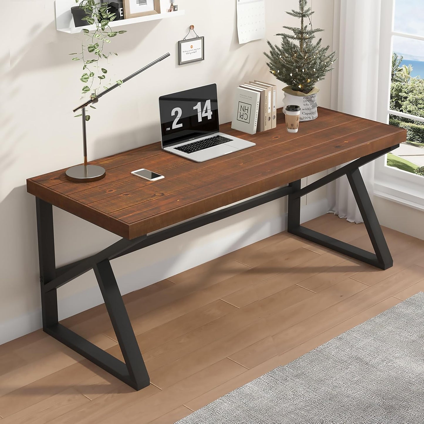 IBF Solid Real Wood Large Computer Desk, 60” Rustic Natural Home Office Desk, Long Industrial Writing Desk for Living Room, Metal Wooden Executive Computer Table, Brown, 60 Inch