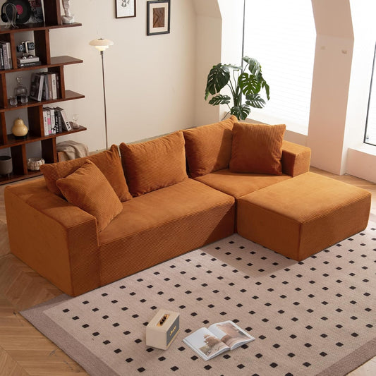 Modular Sectional Sofa, 108" L-Shaped Boneless Couch with Deep Seat, Corduroy Cloud Couch for Living Room, Bedroom, No Assembly Required, Ship in a Box, Orange