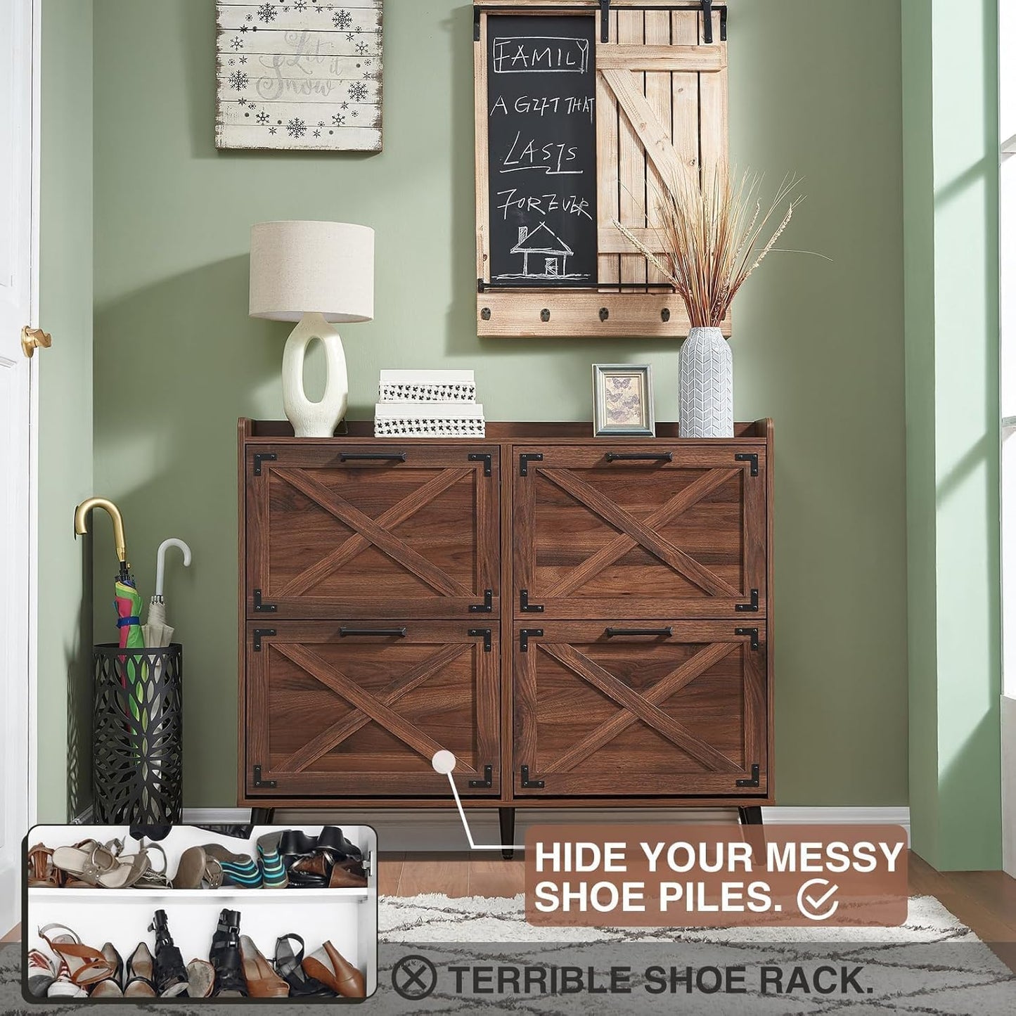 Shoe Storage Cabinet,Farmhouse Shoe Organizer with 4 Flip Drawers & Barn Door Design,Freestanding Hidden Slim Narrow Shoe Rack Cabinet for Entryway,Foyer,Hallway,Walnut