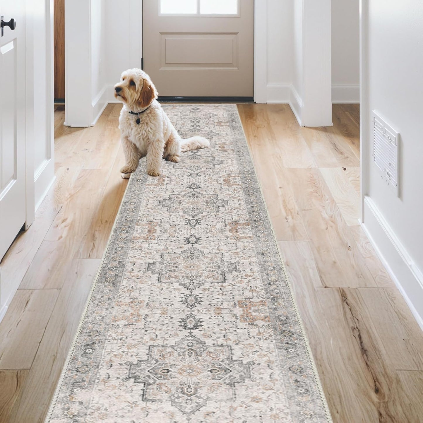 GENIMO 3x12 Runner Rugs for Hallway, Machine Washable Non Slip Vintage Rugs, Low Pile Soft Chenille Print Rug for enrtyway, Corridor, Home Office,Light Taupe Brown