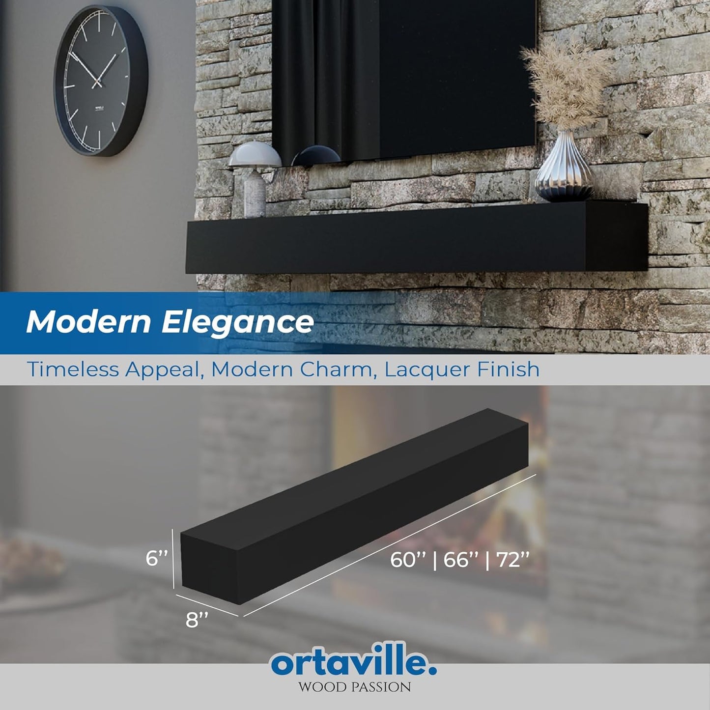 60" Floating Mantel Shelf - Modern White Fireplace Mantel with Matte Lacquer Finish for Living Room Elegance (60", Black)