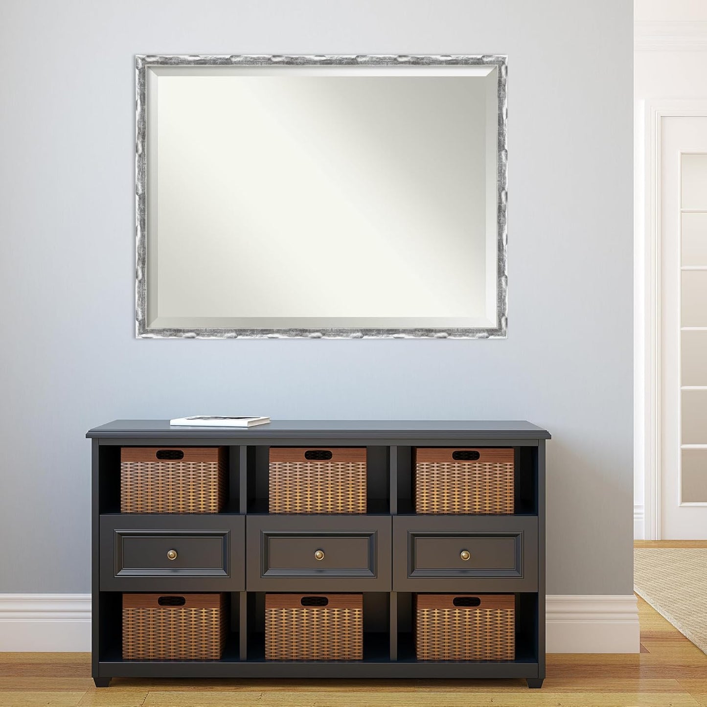 Amanti Art Silver Bathroom Mirror for Over Sink, 32x42 Scratched Wave Chrome Rectangle Vanity Mirror, X-Large Traditional Frame, Hangs Horizonally and Vertically, Bathroom Wall Decor, Beveled Edge