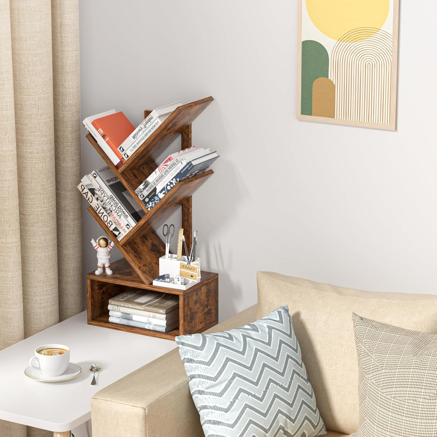 Small Tree Book Shelf,5 Tier Black Tree Bookshelf,Brown Desktop Bookcase,Modern Desk Display Storage Bookshelves,Floor Standing Organizer Bookcases for Living Room,Bedroom,Office-White-Brown