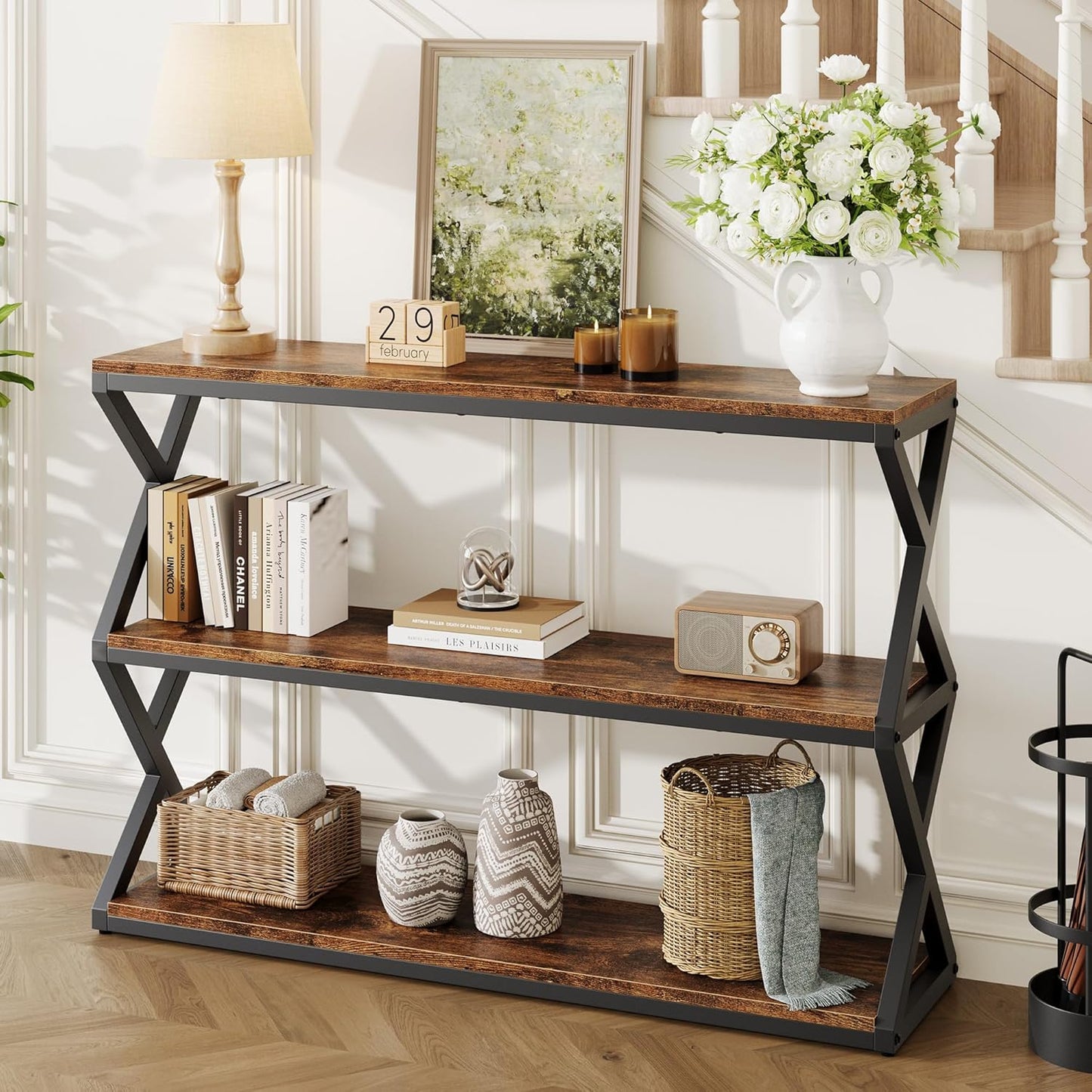 47.2 Inch Rustic Console Table, Industrial Entryway Table with 3-Tier Shelves - Long Hallway Sofa Table, TV Stand & Media Center for Living Room, Vintage Brown