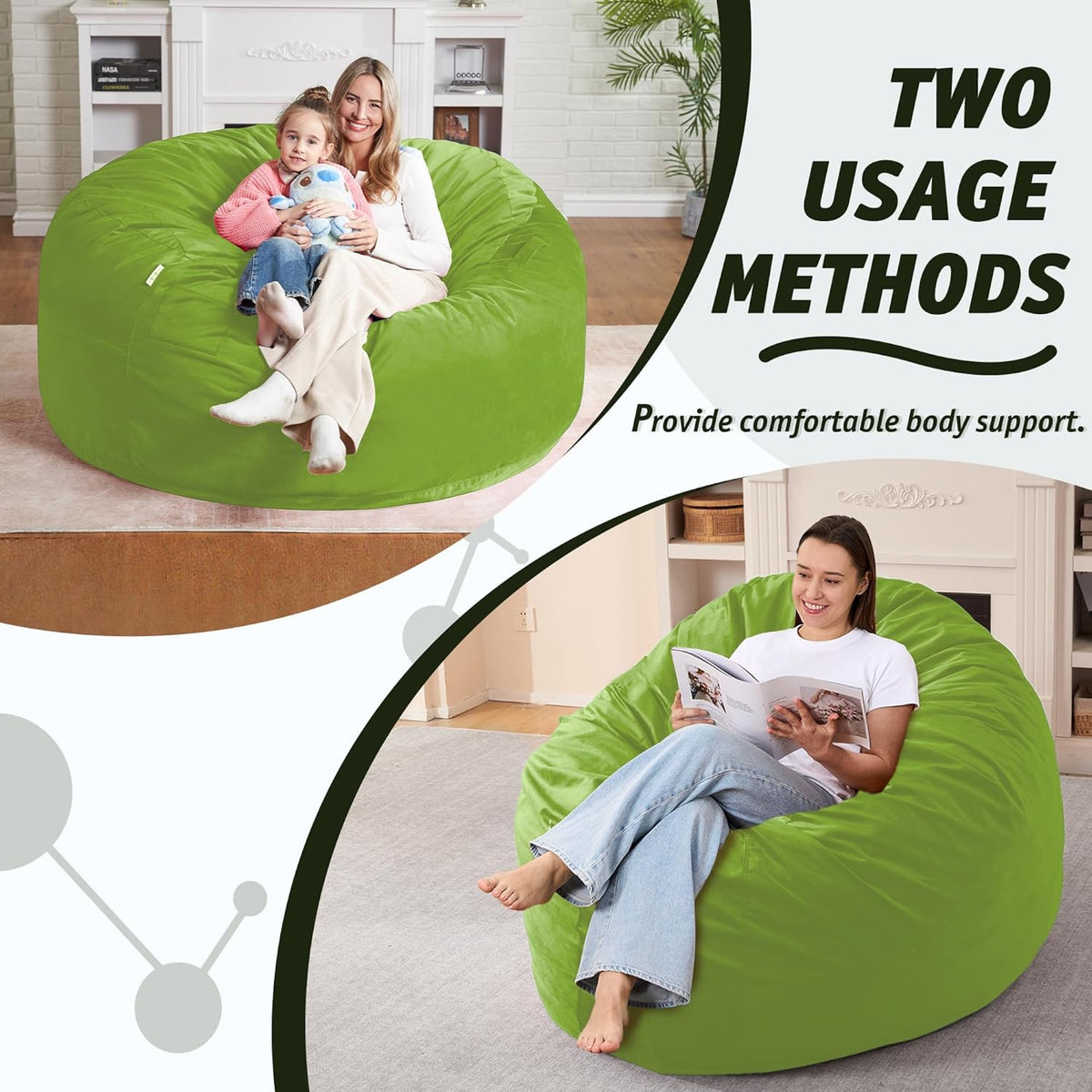 5FT Bean Bag Chair with Ultra Soft Velvet Cover Bean Bag Sofa with Memory Foam Bean Bag Chairs with Large Size Lazy Sofa for Dorm Office Living Room Bedroom Grass Green 5'