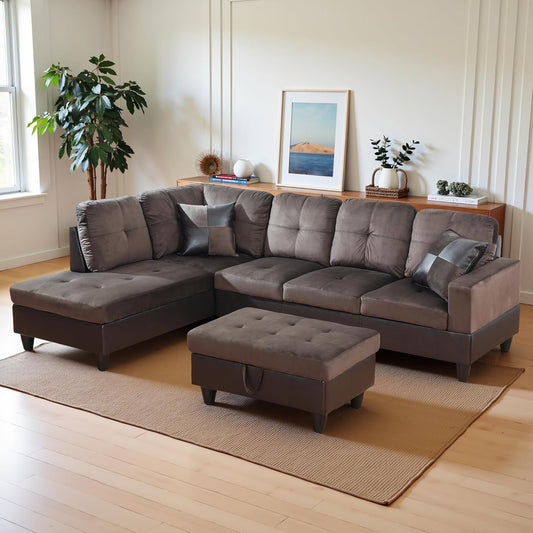 Osparple L Shaped Couch Sectional Couches for Living Room Upholstered Flannel 3 Pieces Modular Sectional Sofa with Chaise, Ottoman with Storage for Living Room and Small Apartment, Deep Brown