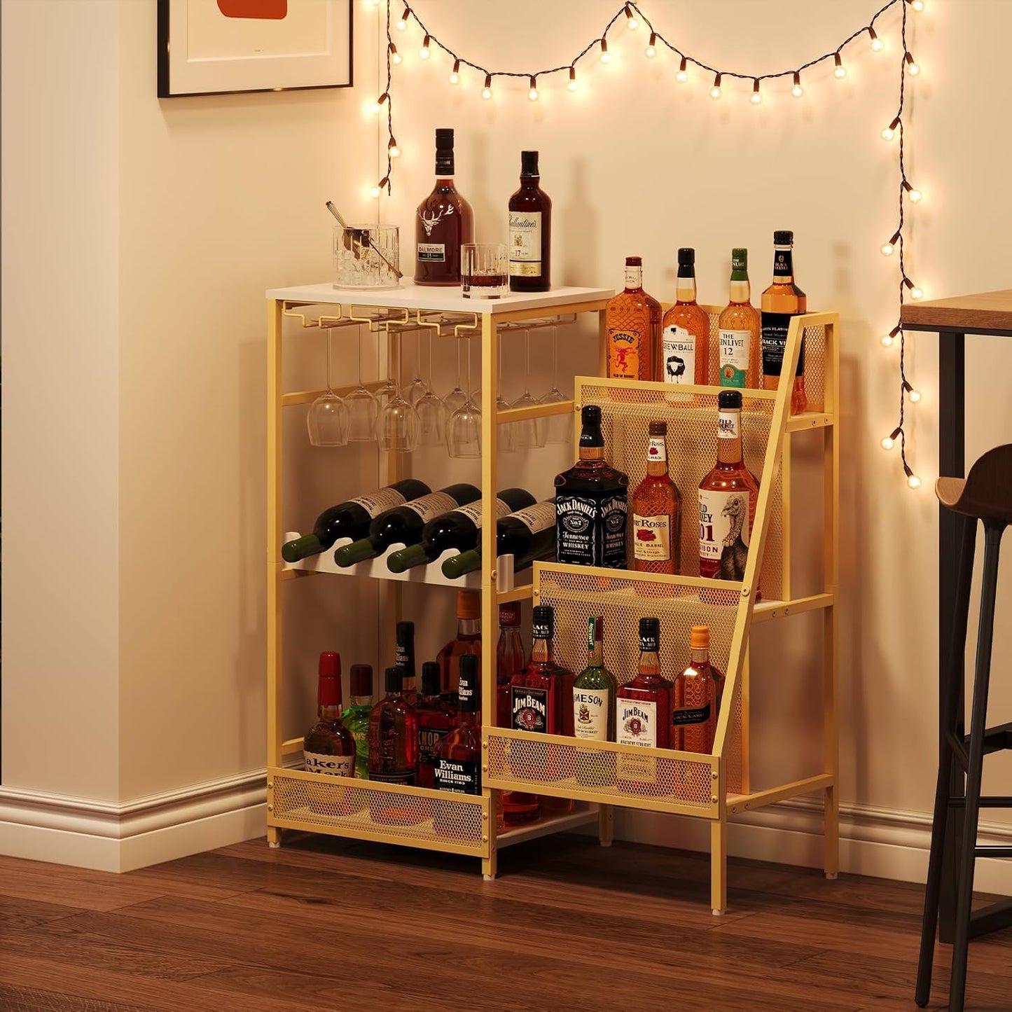 Gold Liquor Stand with Glass Holder, Multifunctional Wine Rack Freestanding Floor with Fences, Mini Bar Table for Liquor Whiskey Wine, 3-Tier Trapezoidal Liquor Cabinet for Home Bar (Patent Pending)