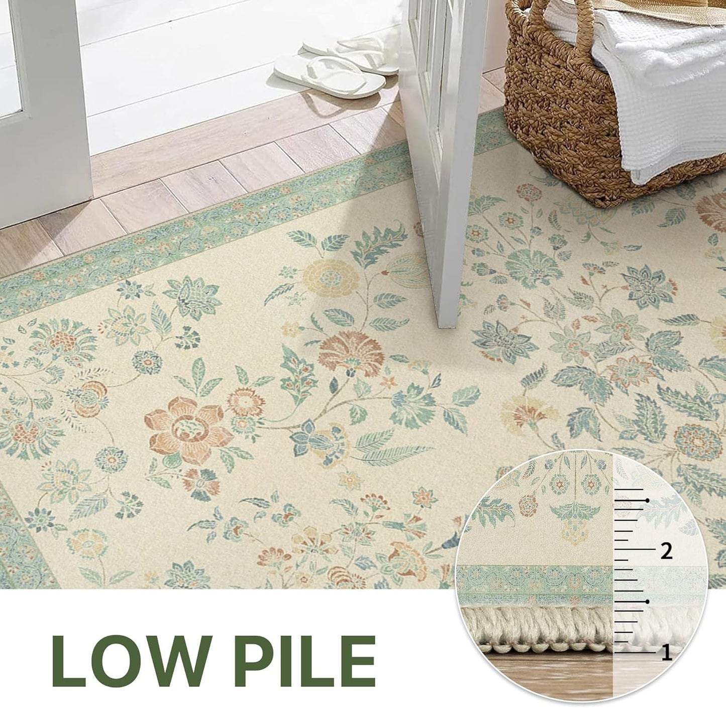 GENIMO 6x9 Area Rugs for Living Room, Machine Washable Non Slip Vintage Rugs, Low Pile Lightweight Chenille Print Rug for Bedroom, Dining Room, Home Office, Beige/Green