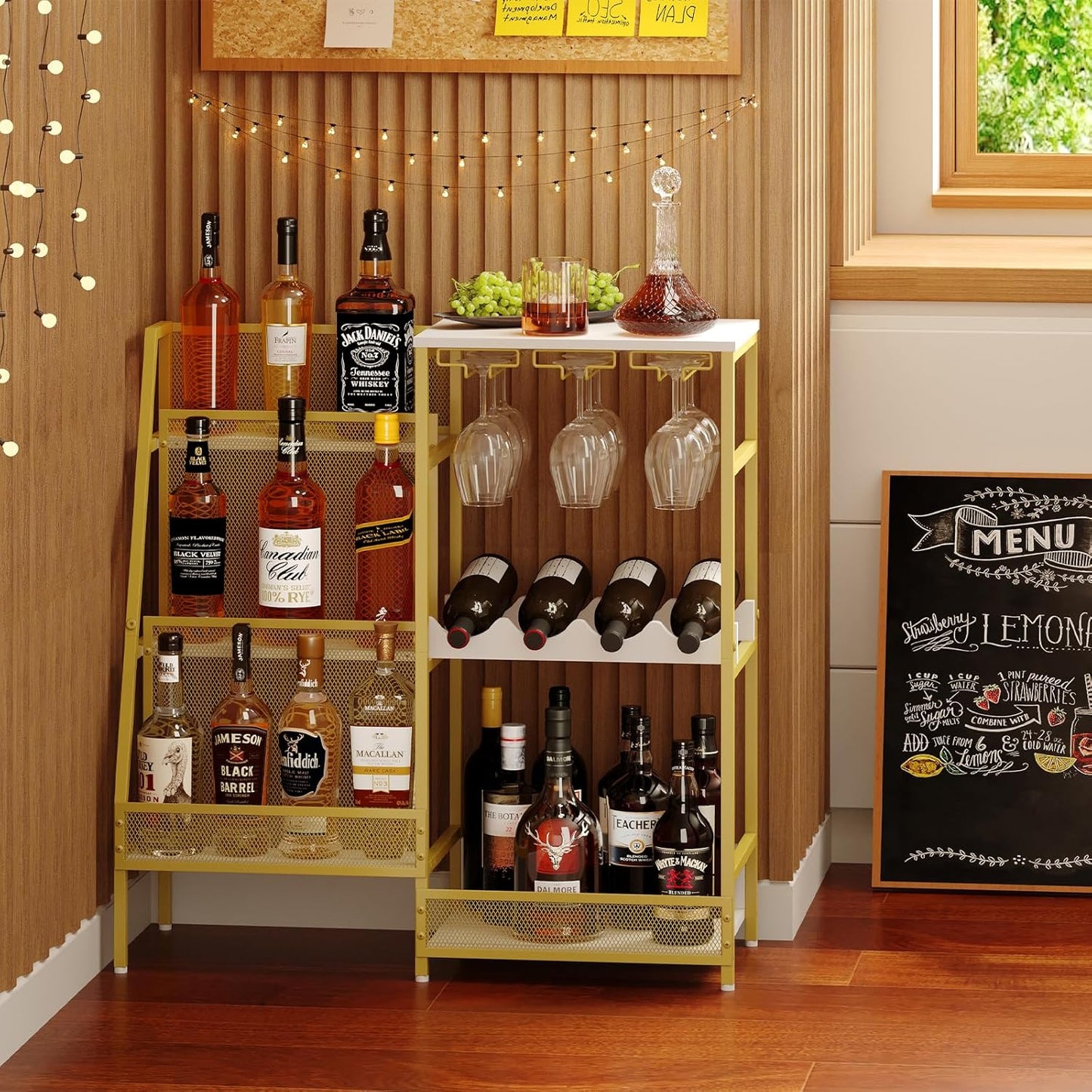 Gold Liquor Stand with Glass Holder, Multifunctional Wine Rack Freestanding Floor with Fences, Mini Bar Table for Liquor Whiskey Wine, 3-Tier Trapezoidal Liquor Cabinet for Home Bar (Patent Pending)