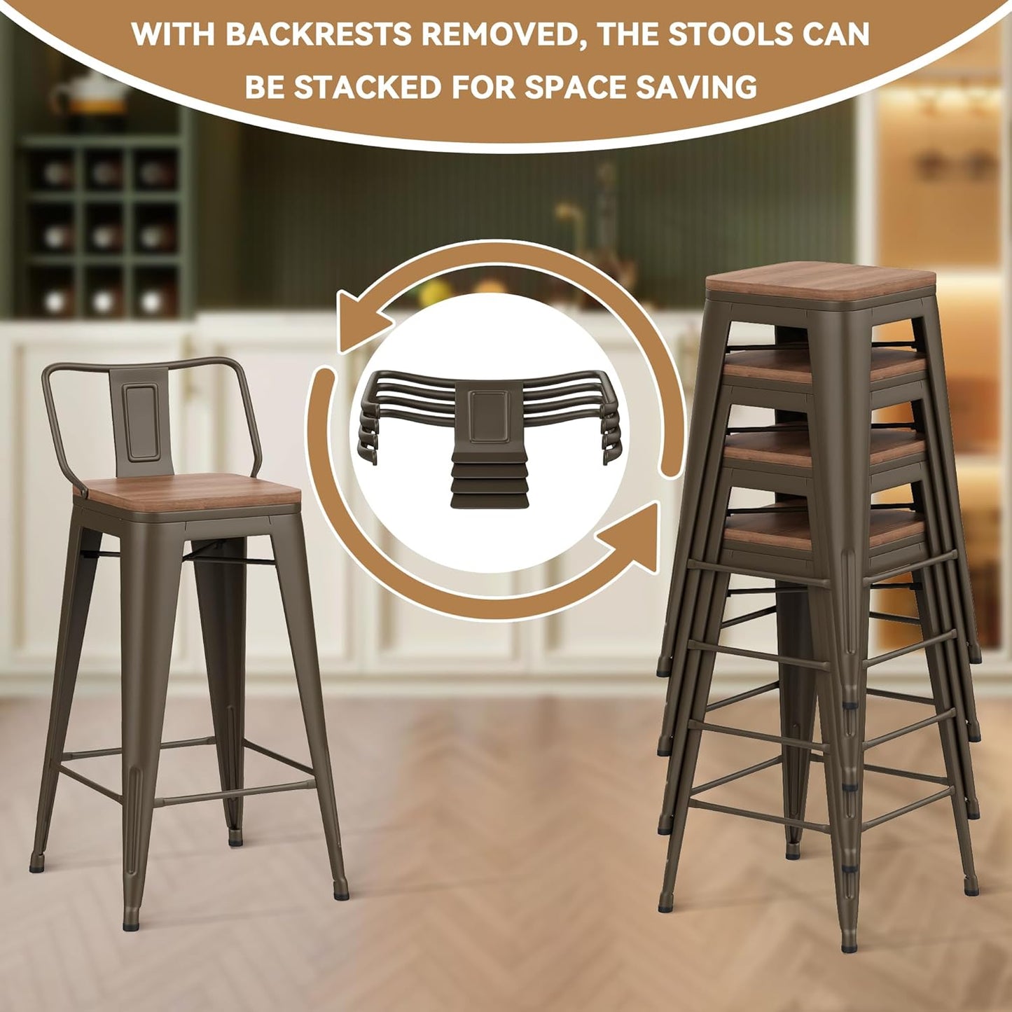 24 Inch Swivel Bar Stools Set of 4 with Backs Counter Height Industrial Metal Barstools Island Bar Chairs for Home Kitchen Dining Room (Swivel 24 inch,Rusty Wooden)