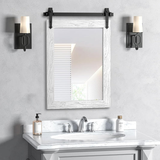 Bathroom Mirror for Over Sink 18”x24” Farmhouse Barn Door Mirror Rustic Wood Framed Wall Mirror for Bathroom, Bedroom, Entryway (White
