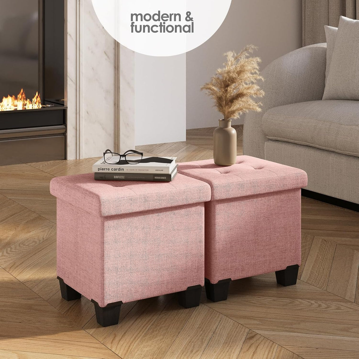 STORAGEBUD Storage Ottoman Cube with Small Bin, 16-in Square Ottoman with Storage for Living Room and Bedroom, Small Ottomans Foot Rest, Fabric Foot Stools Ottomans Max 330lbs, Pink