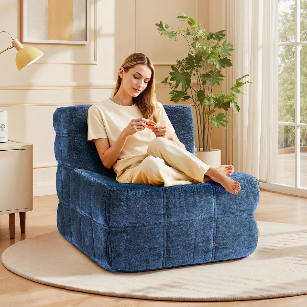 Bean Bag Chair, Soft Chenille Pre-Filled Lazy Chair Floor Sofa Bean Bag Chair for Adults and Teens, Accent Chair for Living Room Bedroom Apartment (Dark Blue)