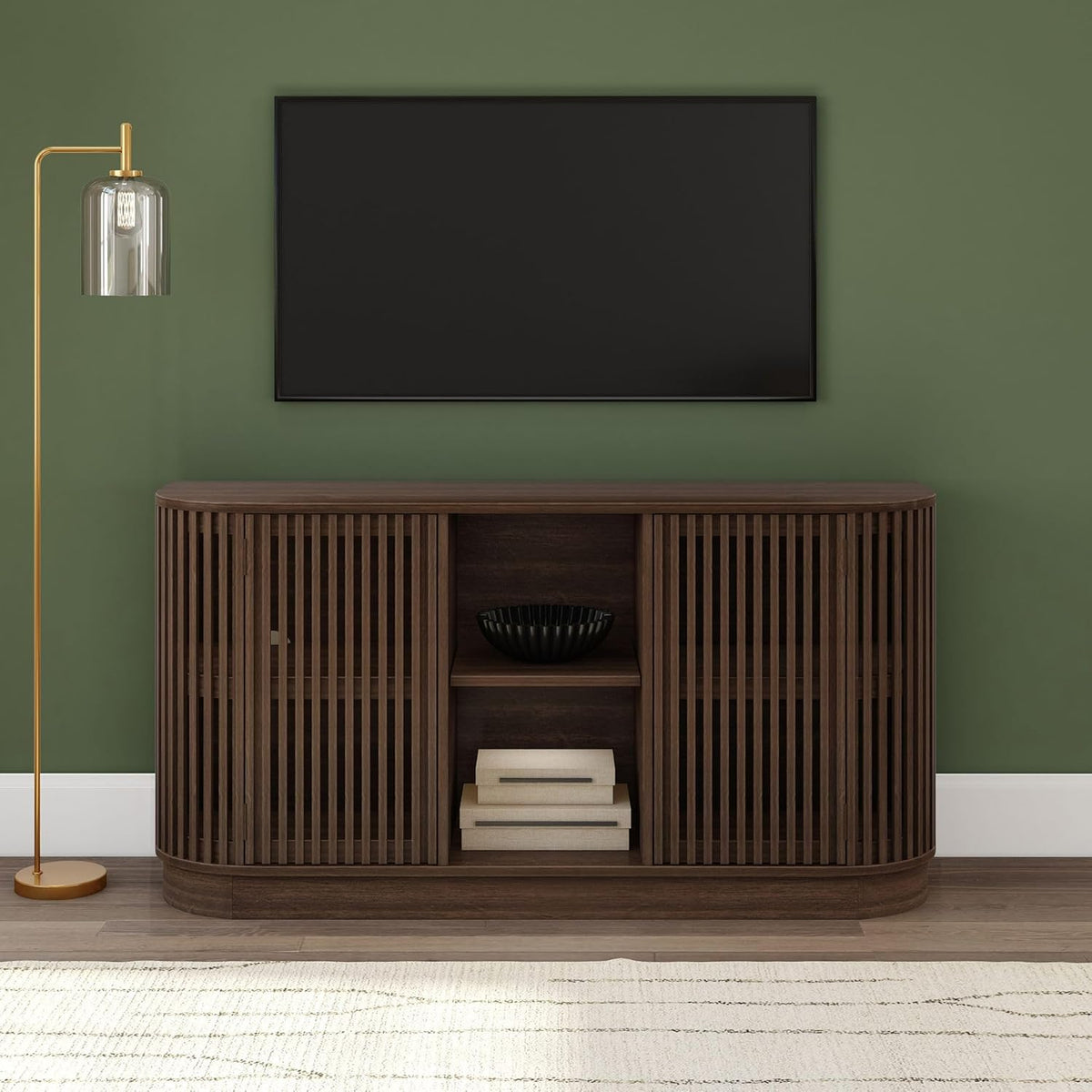 Plank+Beam Contour Wood TV Stand, Two Door Solid Wood Entertainment Console with Storage, 59" L x 16" W x 30" H, Walnut