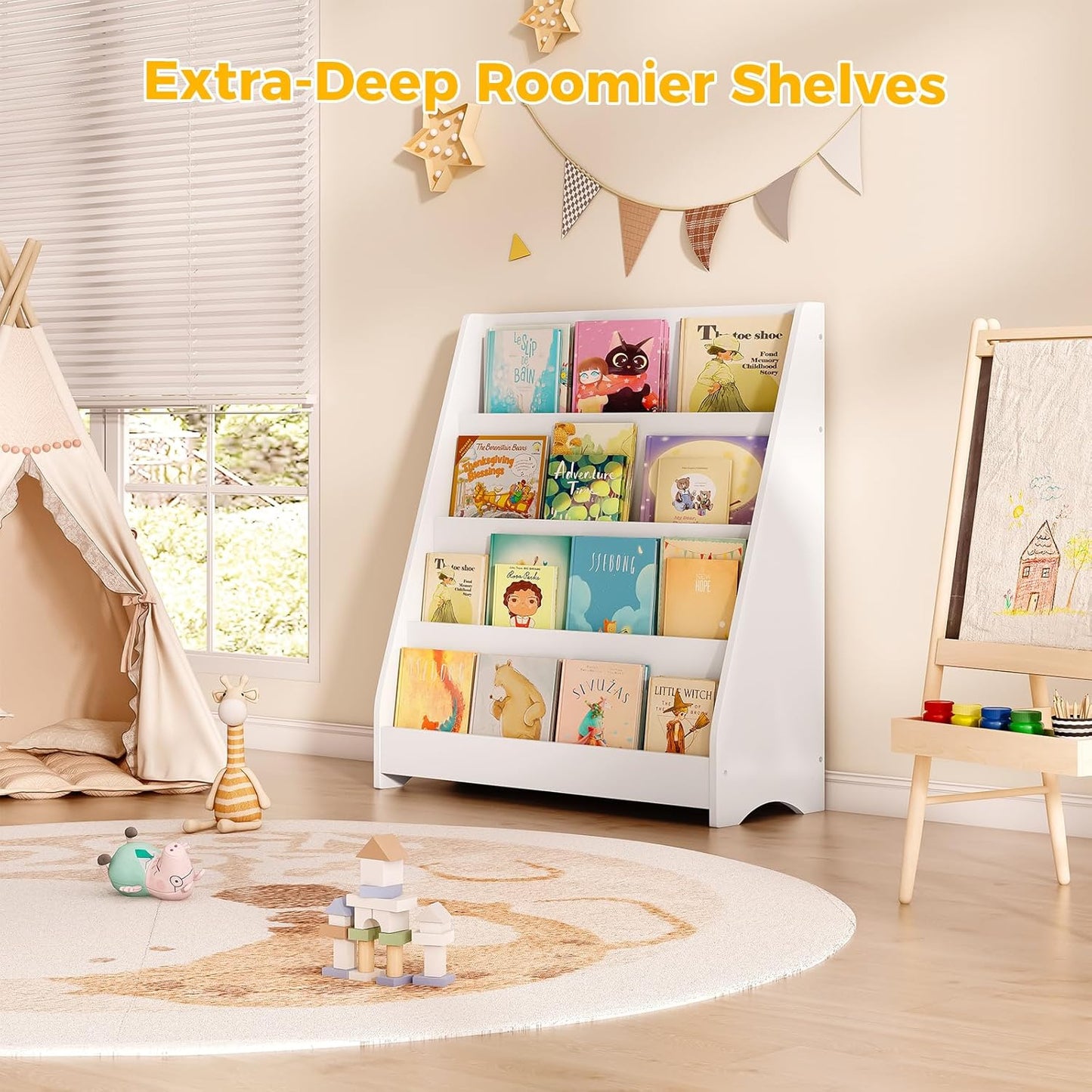 Tatub 4 Tier Kids Wooden Bookshelf, Toddler Sling Bookcase Montessori Bookshelf, Children Front Facing Book Shelf for Nursery, Playroom and Classroom, White