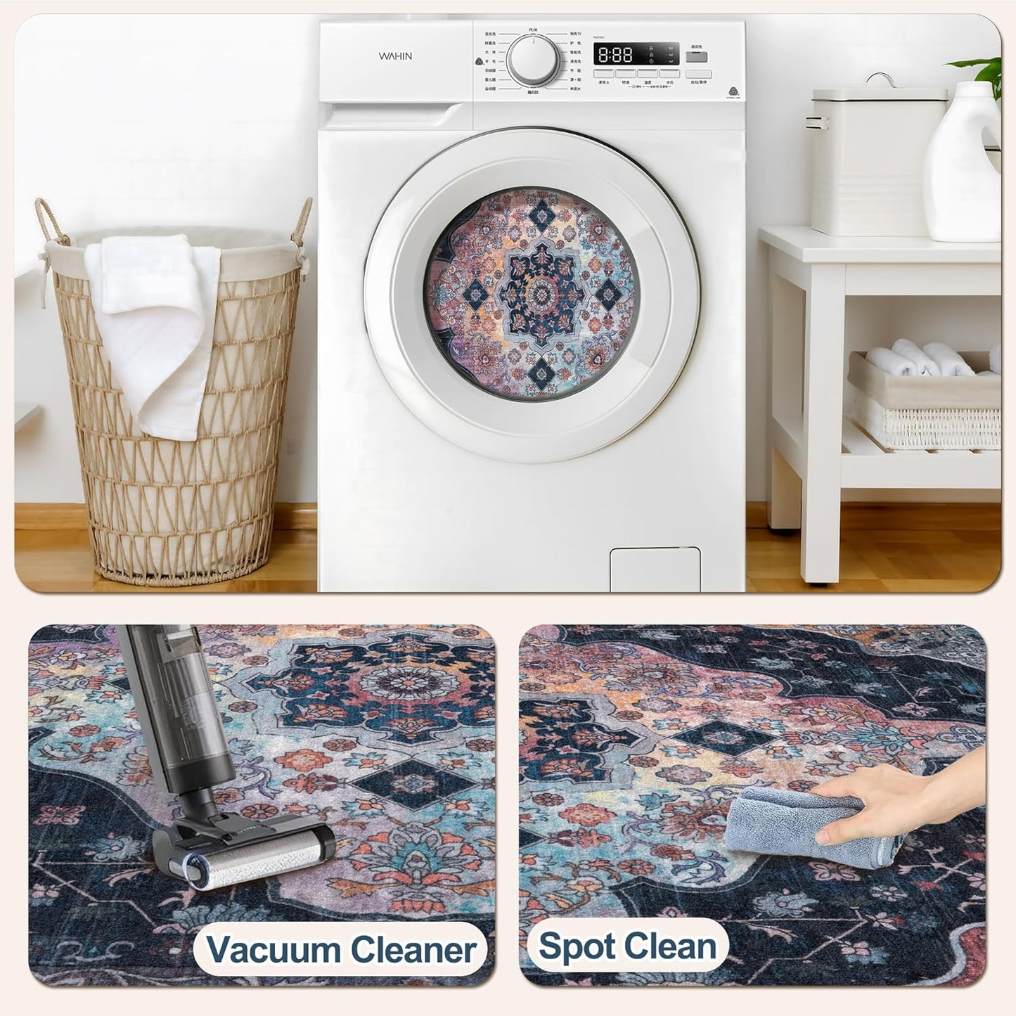 6x9 Area Rug Washable Rug for Living Room, Vintage Rug Indoor Non Slip Large Area Rugs, Print Distressed Brown Carpet, Soft Low Pile Foldable for Dining Room Bedroom Office Navy/Multi