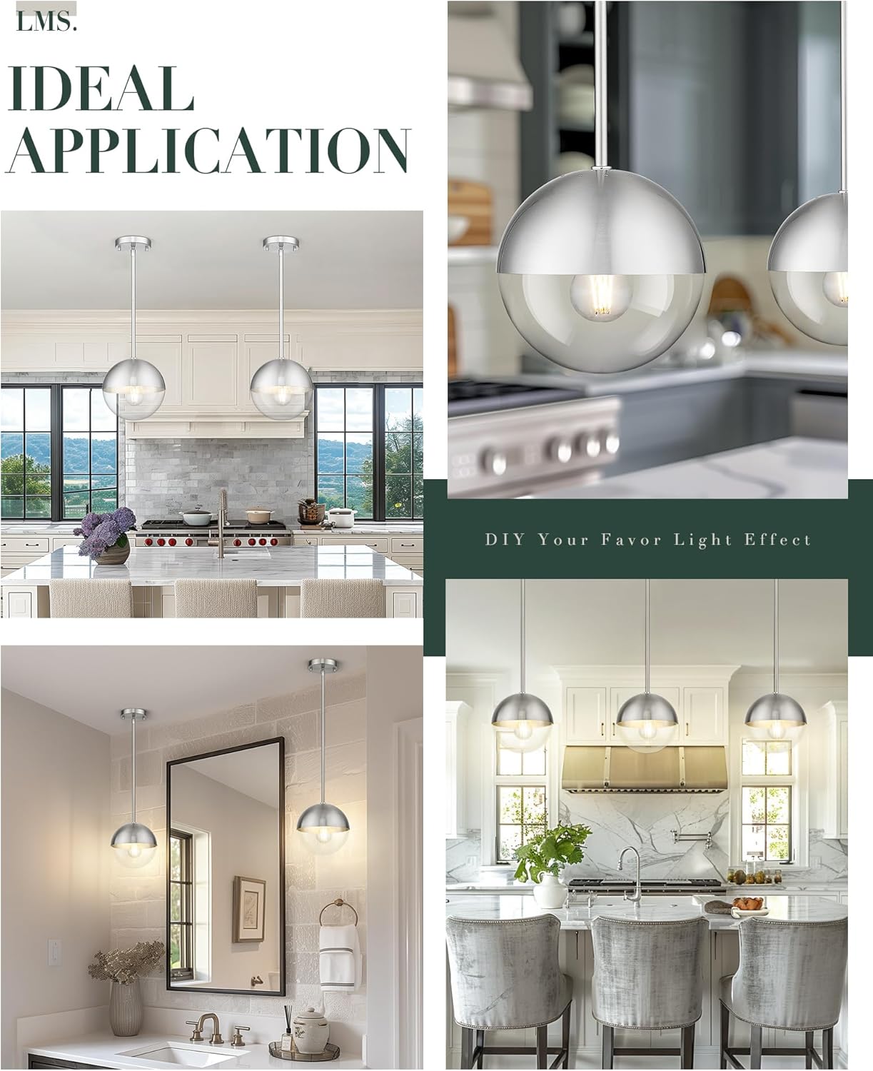 LMS Modern 1-Light Pendant Light Fixtures, Brushed Nickel Kitchen Island Pendant Light Fixtures with Clear Globe Glass, Adjustable Hanging Rod Ceiling Light for Dining Room Bathroom, LMS-186BNC