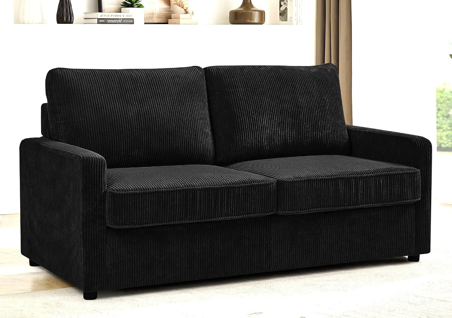 Reversible Sleeper Sofa Bed with Comfortable Memory Foam Mattress, Convertible Corduroy Full Size Pull Out Couch for Living Room, Space Saving Furniture, 70" Wide, Rectangular Arms, Black