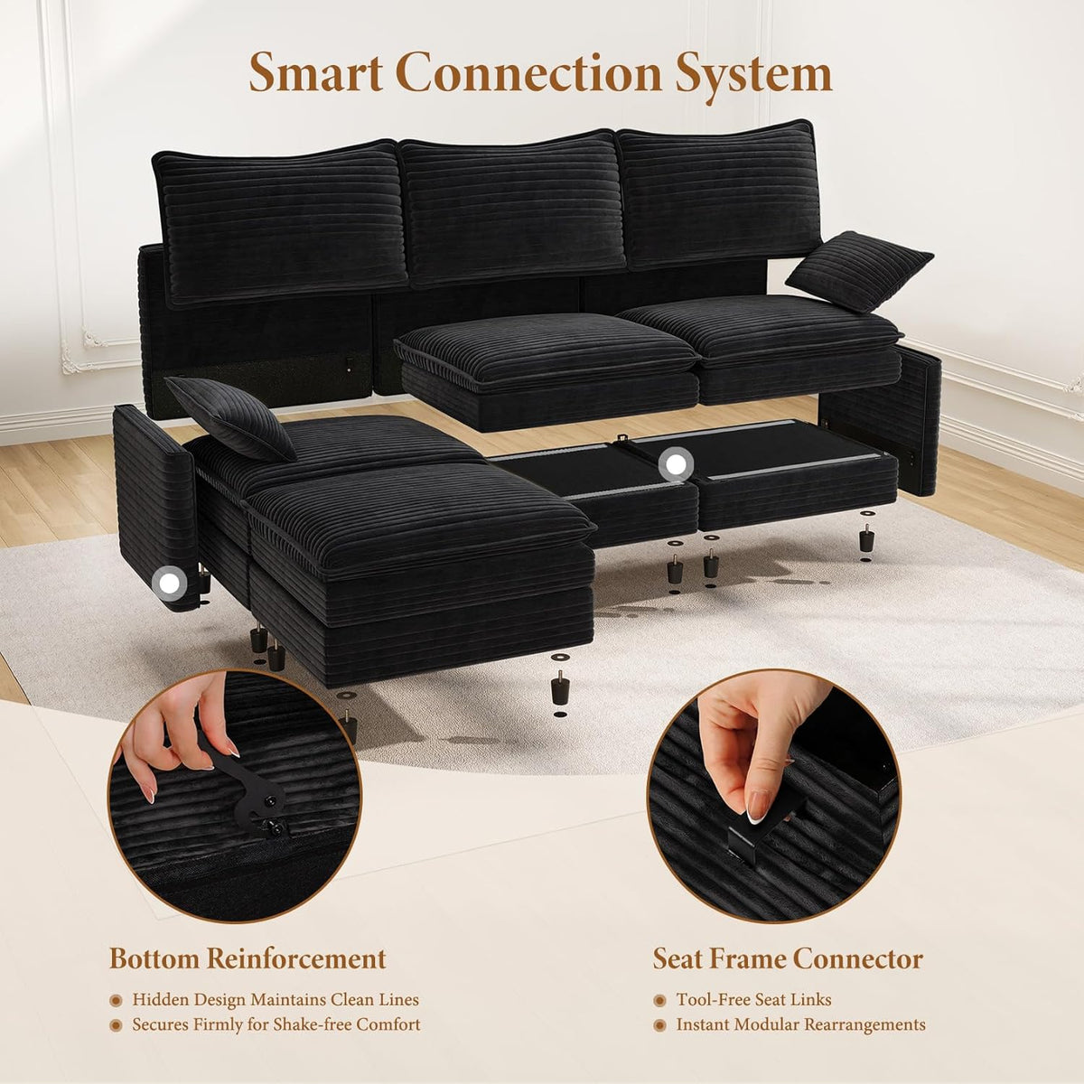 Vesgantti 108" U Shaped Sectional Couch, Comfy Cloud Modular Sectional Sofa with 2 Ottoman Deep Seat Corduroy Modern Cloud Sofa, Modular Sofas for Living Room, Bedroom and Apartment, Black