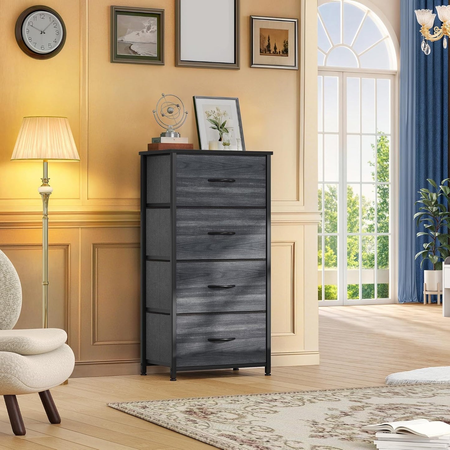 DWVO 4 Drawers Dresser, Dresser for Bedroom, Fabric Storage Tower, Chest of Drawers, Organizer Unit for Closets, Living Room, Sturdy Steel Frame, Wooden Top, Easy Pull Fabric Bins