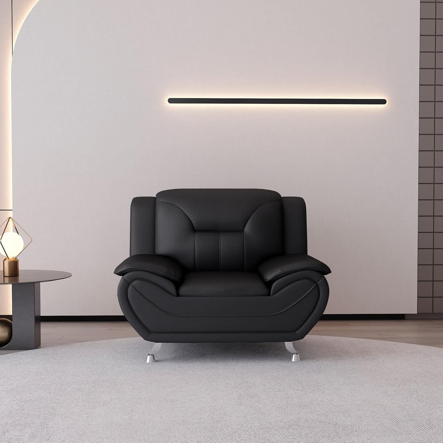 Container Furniture Direct Michael Modern Faux Leather Upholstered Stainless Steel Legs Living Room, Chair, Loveseat, Sofa, Soft Beige/Black
