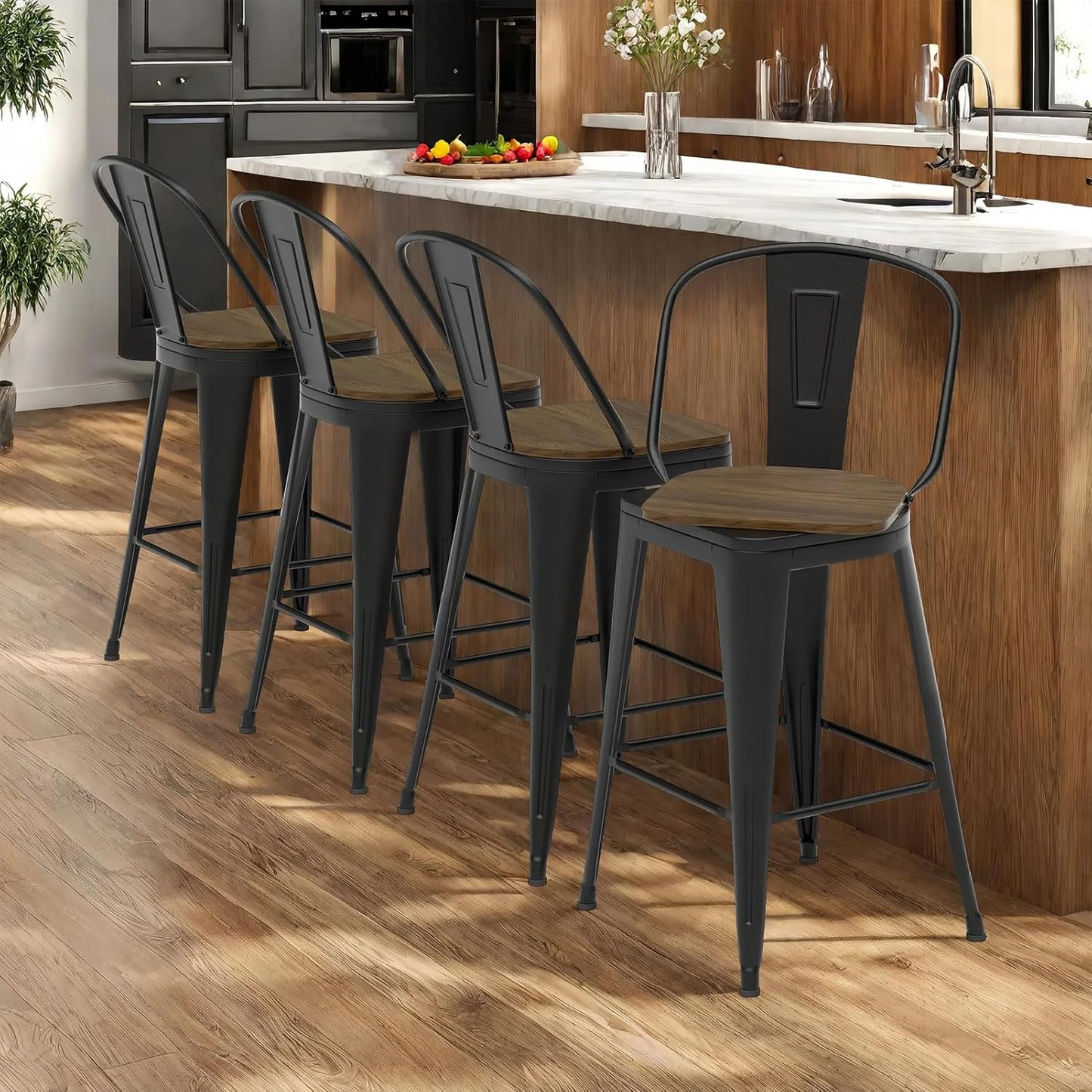 30” Swivel Bar Stools Set of 4, Counter Height Bar Stools Wooden Seat, Metal Industrial Bar Chairs with High Back for Kitchen Island (Black)