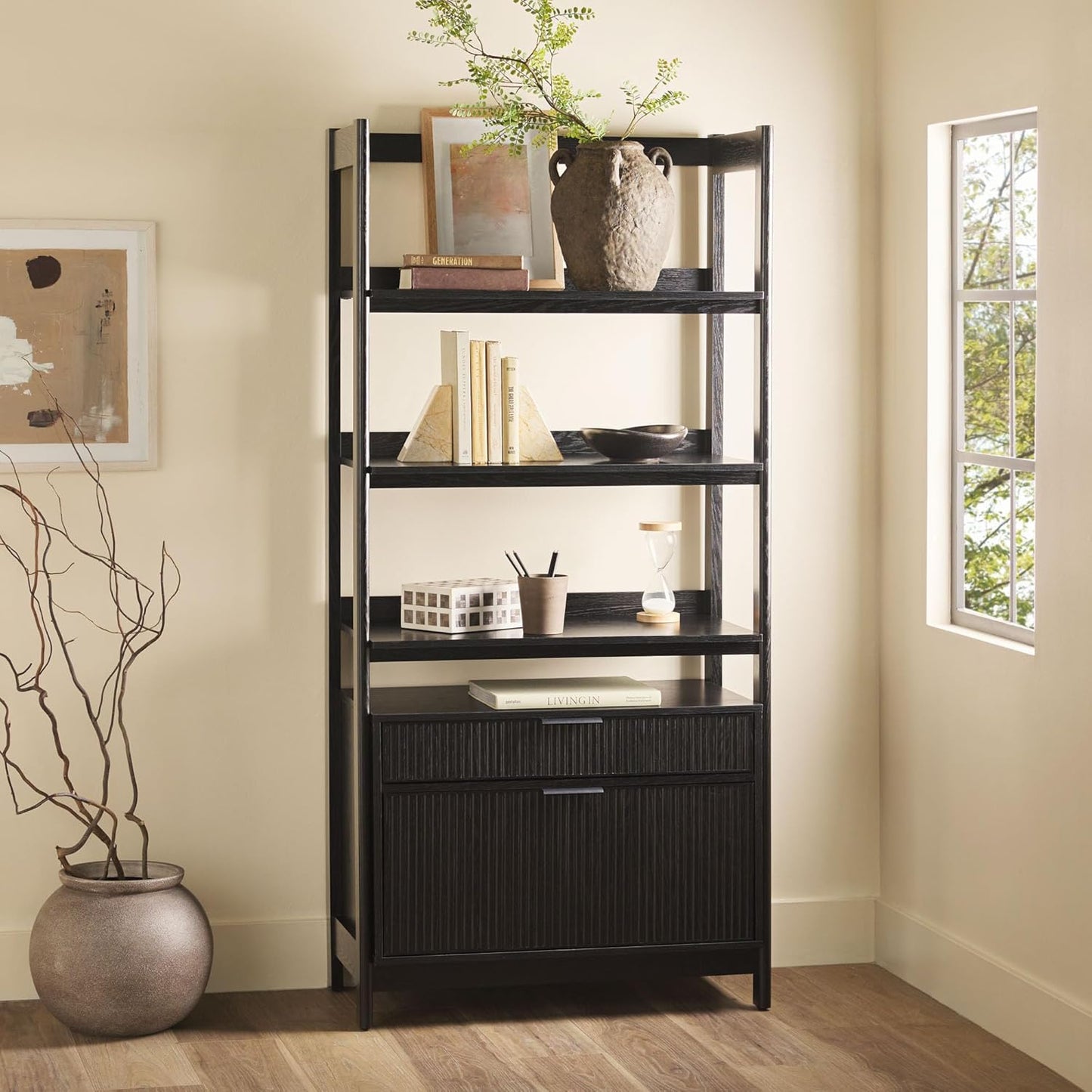 Walker Edison Transitional Open Reeded 4-Shelf Bookshelf with Drawers Versatile Bookcase with Bottom Storage for Home Office, Living Room, Bedroom, 33 Inch, Black