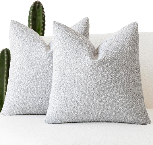 Foindtower Pack of 2 Textured Boucle Throw Pillow Covers Accent Solid Decorative Pillow Cases Cozy Woven Couch Cushion Case for Chair Sofa Bedroom Living Room Home Decor, 18 x 18 Inch,Light Grey