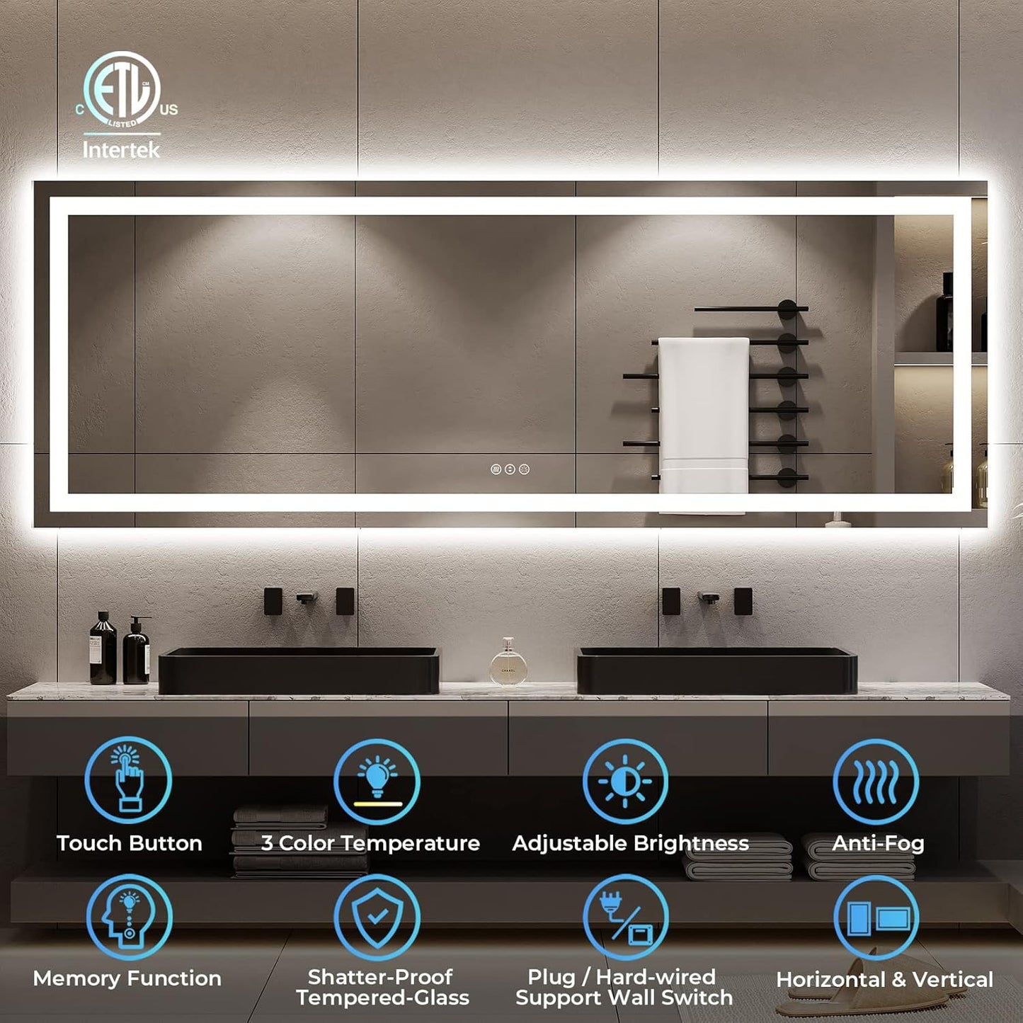 96x36 Inch LED Bathroom Mirror with Lights Front and Backlit Lighted Vanity Mirror for Bathroom Wall with 3 Colors Dimmable Anti-Fog Memory Shatter-Proof IP54 Waterproof Horizontal/Vertical