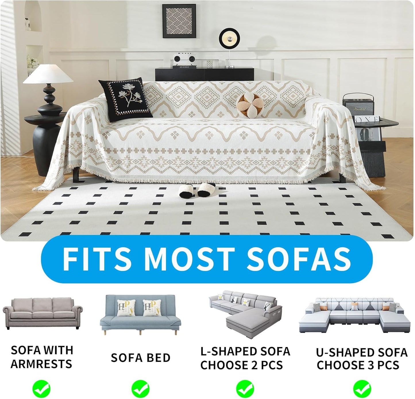 LUFEIJIASHI Boho Couch Covers for Sofa Non Slip Sofa Covers Washable Couch Covers for 3 Cushion Couch Sofa Pet Friendly Sectional Couch Cover Blanket Furniture Protector for Dogs (Khaki, 71"x118")