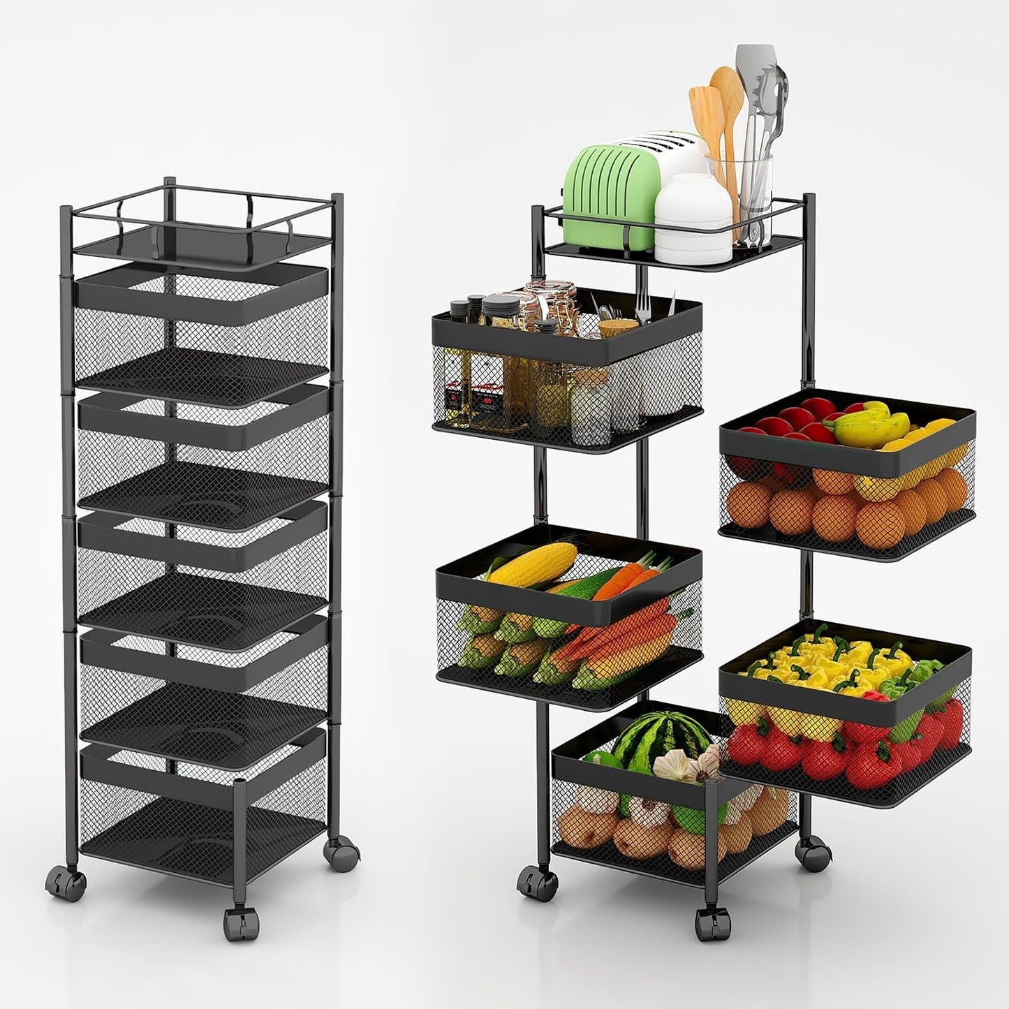 Fruit and Vegetable Basket for Kitchen No Assembly， Rotating Storage Rack,Bathroom Storage Shelf, Kitchen Organizers and Storage Cart on Rolling Wheels(Black, 5 Tier-Square)
