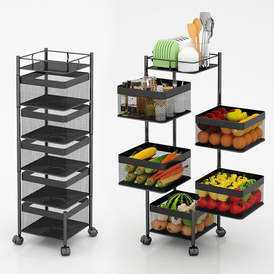Fruit and Vegetable Basket for Kitchen No Assembly， Rotating Storage Rack,Bathroom Storage Shelf, Kitchen Organizers and Storage Cart on Rolling Wheels(Black, 5 Tier-Square)