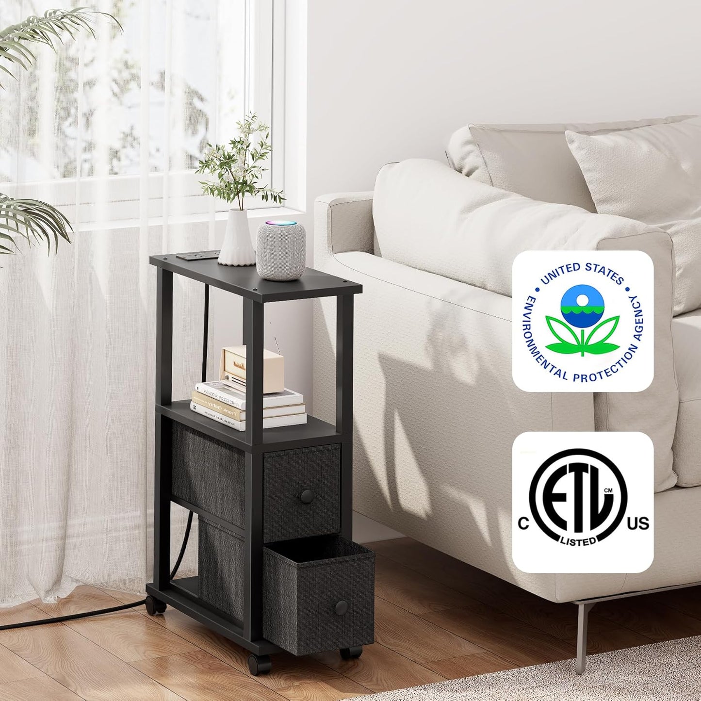 TUTOTAK Small Narrow End Tables, LED Side Tables with 2 Fabric Drawers, Set of 2, Bedside Tables with Charging Station for Small Spaces, Slim Nightstands with USB Ports and Wheels, TB01BK053L