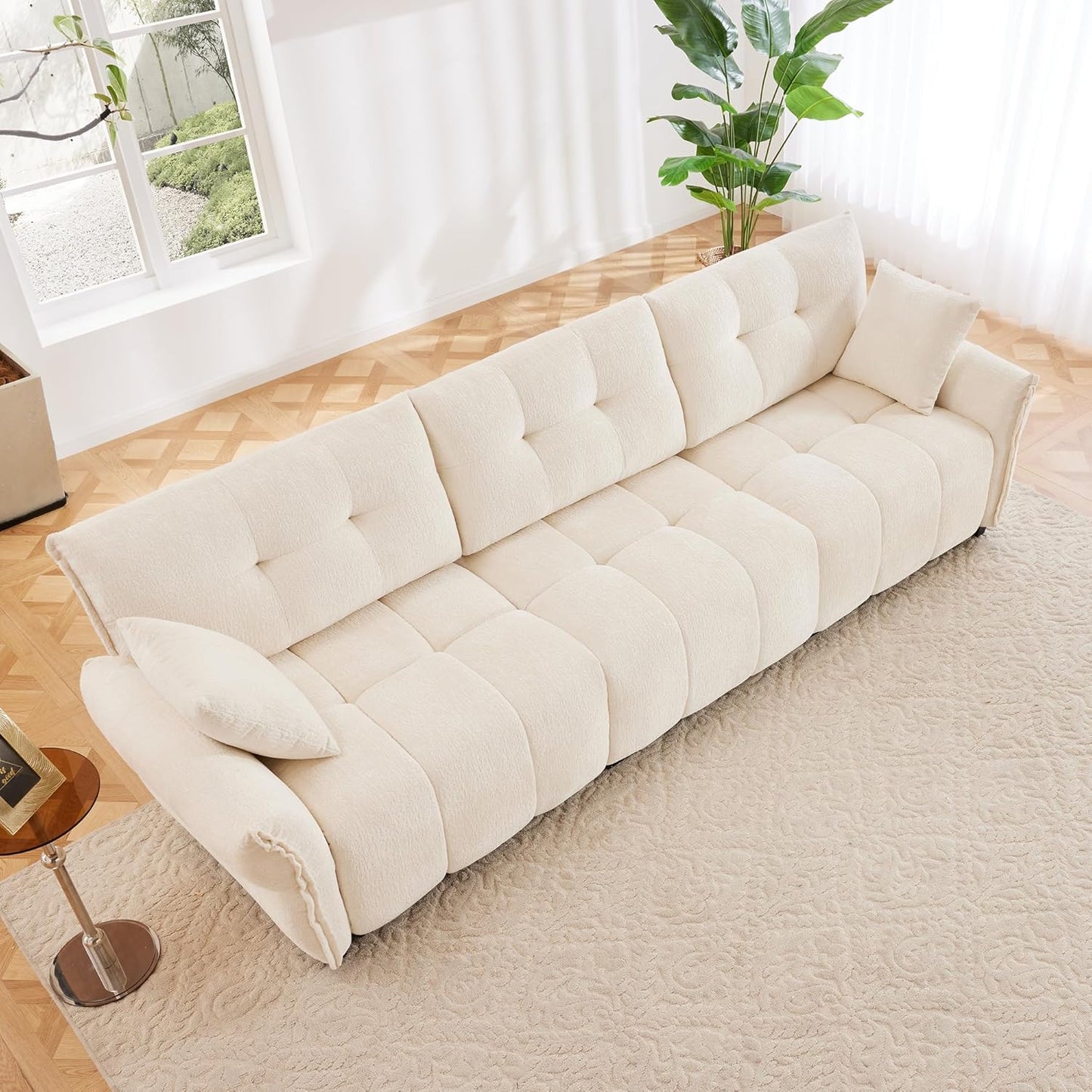Modern Chenille Fabric 3-Seat Sofa w/ 2 Pillows, Premium Upholstery Living Room Couch with Tufted Backrest & Comfortable Armrests and High-Resilience Memory Foam Cushions,White