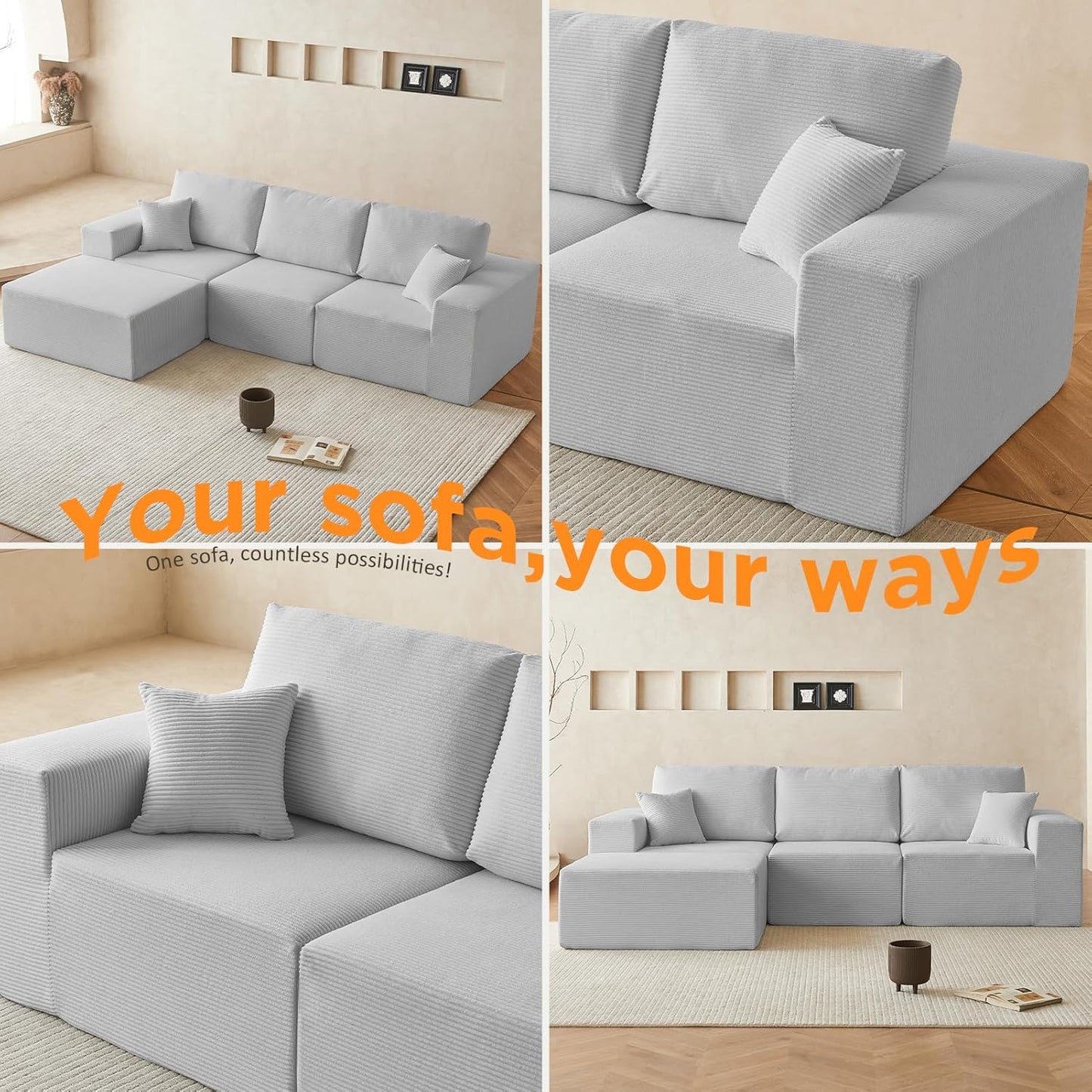 INGEROOM 108" Cloud Sectional Couch, Modular Sectional Sofa with L-Shaped Chaise, Modern Plush Corduroy Couch for Living Room Bedroom, No Assembly Required, Deep Seat（Gray）