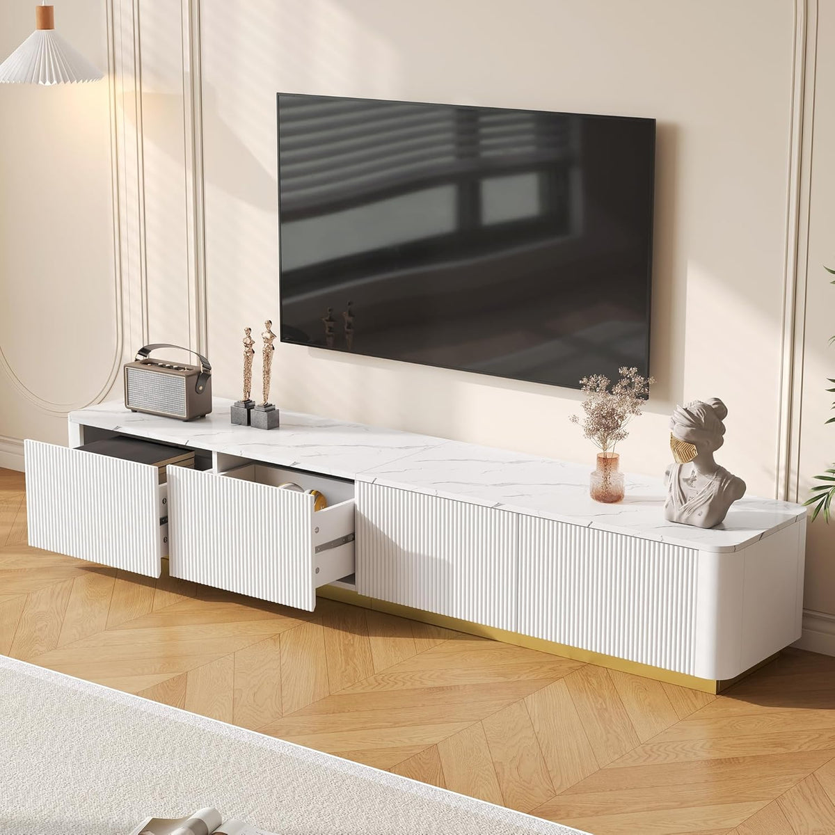 Merax Modern Fluted TV Stand Consoles for Living Room, Wood Entertainment Center with 4 Drawers & Faux Marble Tabletop, Practical Media Console for Televisions Up to 85'', White