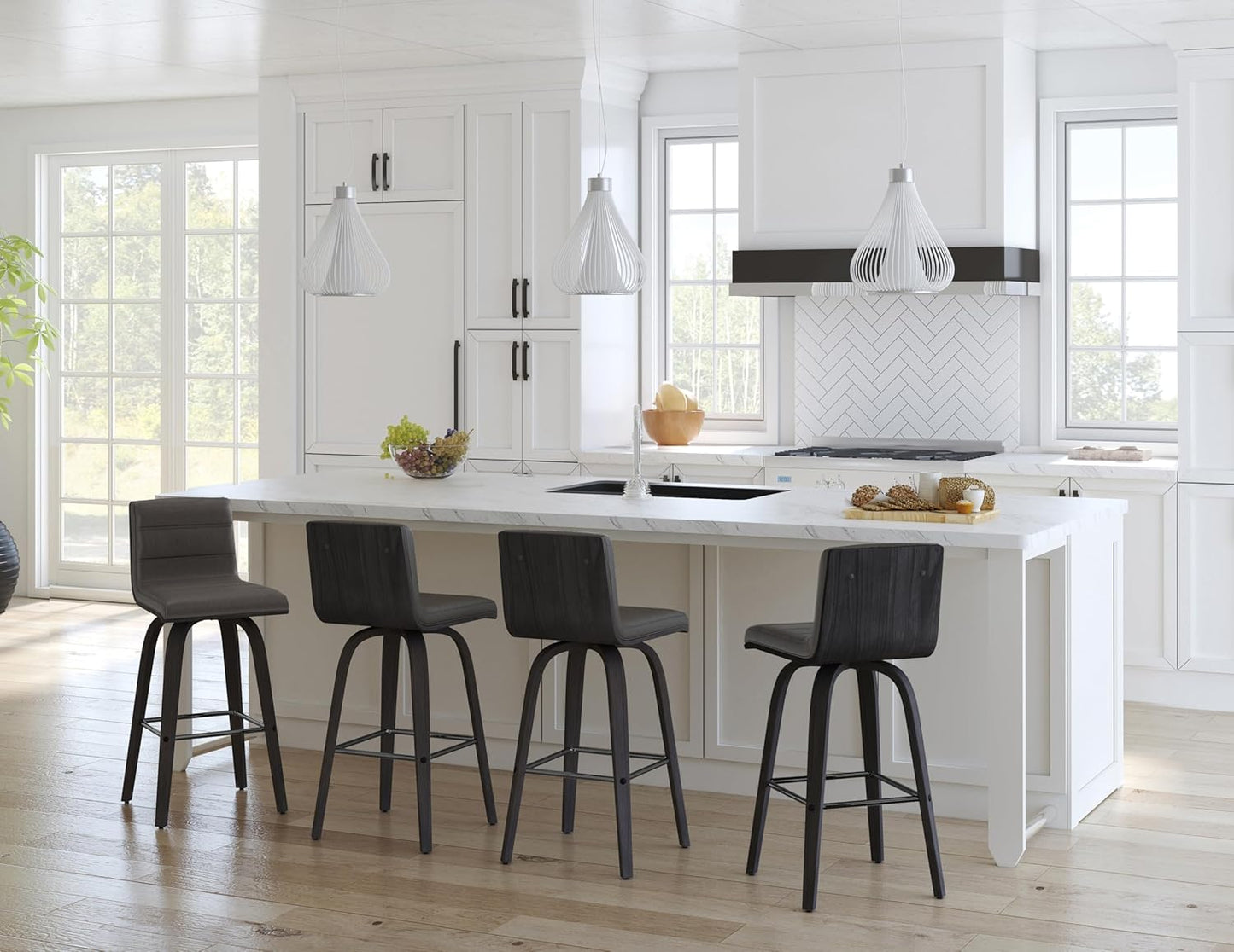Armen Living Vienna 26" Swivel Counter Stool in Black Wood Finish with Gray Faux Leather - Set of 4