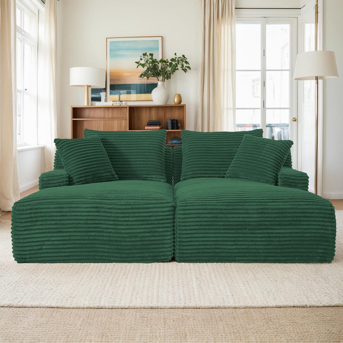 ERYE 79" Oversized Double Chaise Lounge Indoor Sleeper Recliner Sofabed with 4 Pillows, Fluffy Corduroy Loveseat Sleeper Chaise Daybed 2 Pieces Boneless Chair Sofa Bed for Living Room Bedroom Reading