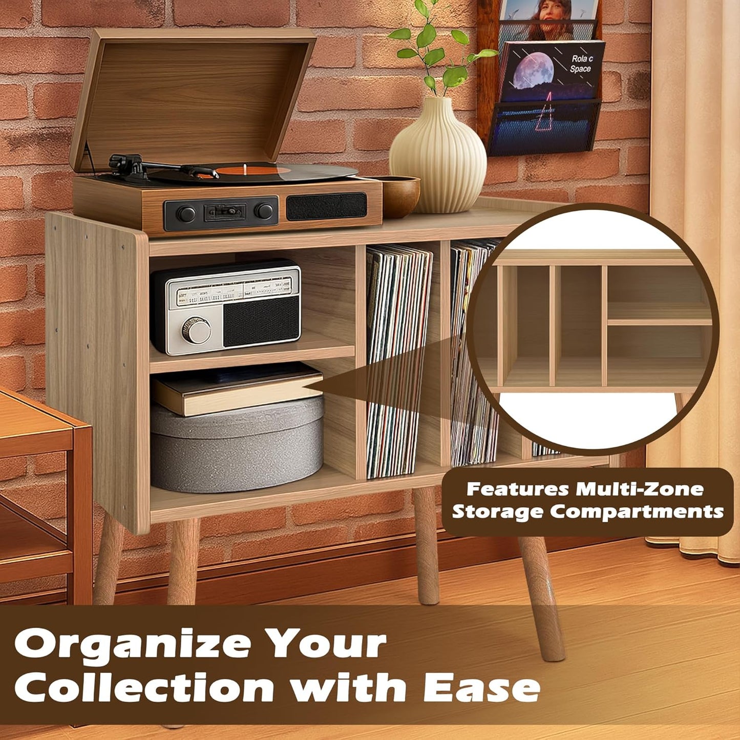 Record Player Stand with Vinyl Storage, Wooden Record Player Table with 5 Cabinet, Large Vinyl Record Player Stand, Record Player Holder, Record Player Shelf for Office Living Room, Oak