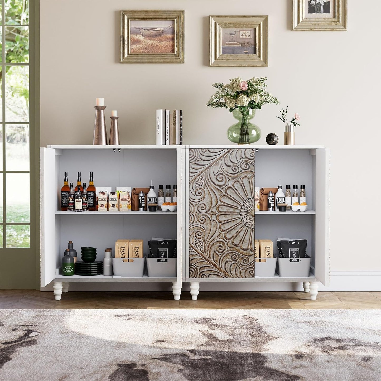 COSIEST Set of 2 32" Buffet Sideboard Cabinets with Storage, Accent Cabinet with Push-to-Open Doors, Vintage Flower Carved Pinewood Doors, Entryway Console for Living Room, Kitchen, Hallway, Gray