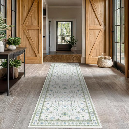 Oushak 3x20 Wide Hallway Runner Rug - Vintage Turkish Floral, Washable Low Pile Non Slip 20ft Extra Long Runners for Large Kitchen, Hall Way - Blue and Green Décor