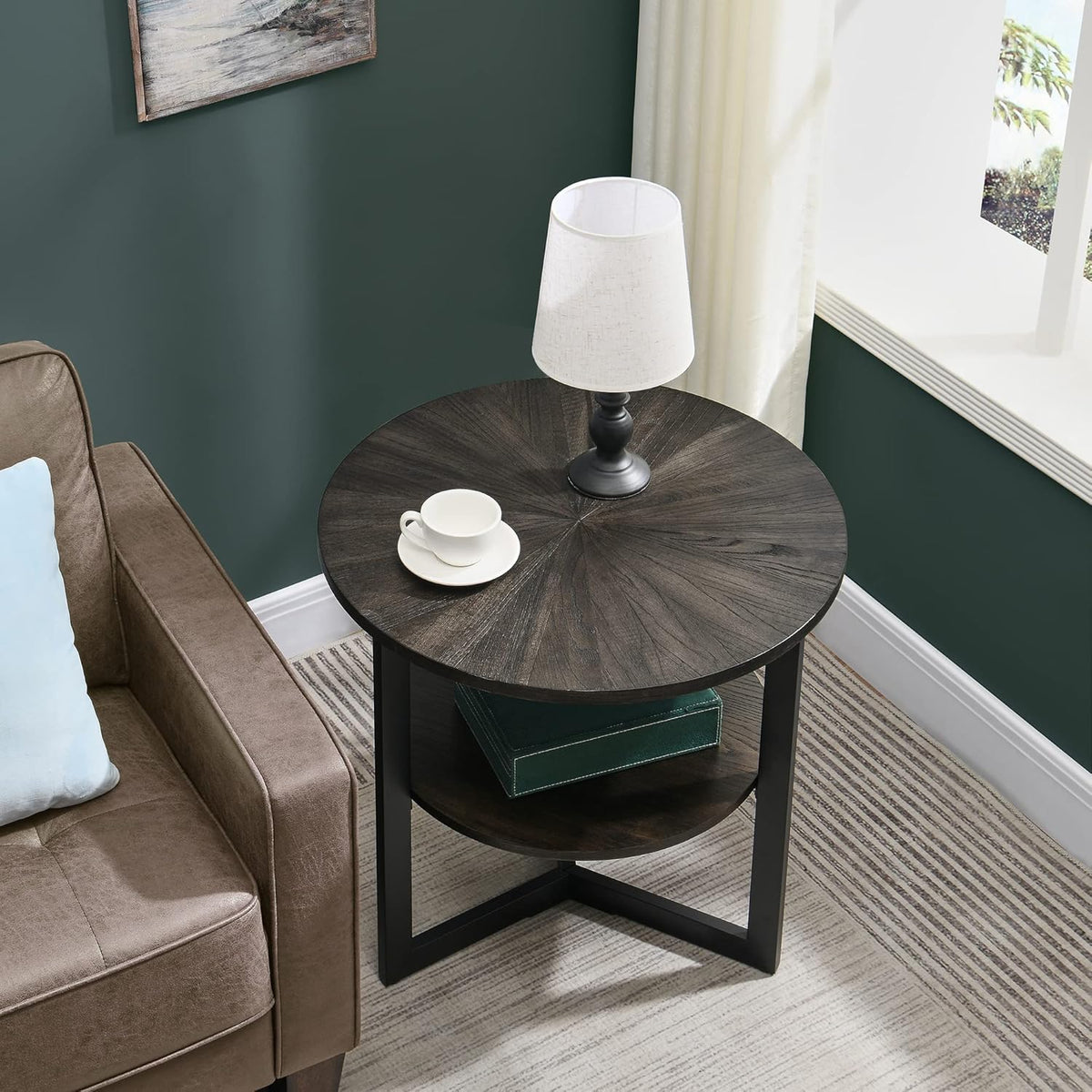 LEEMTORIG Round Side Table, Large 2-Tier End Table Nightstand with Metal Legs, Modern Bedside Couch Table for Living Room, Bedroom, Office, Rustic Black/Black, 25.2 x 25.2 x 24 inches CJZ-1338-BK