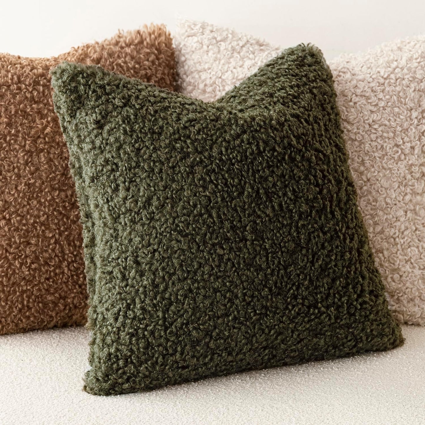 Foindtower 2 Pieces 26x26 Inch Olive Green, Faux Fur Throw Pillow Cover Accent Sherpa Furry Pillow Covers Fuzzy Soft Pillowcases Cozy Sheepskin Decorative Fleece Cushion Case for Bed Couch Living Room