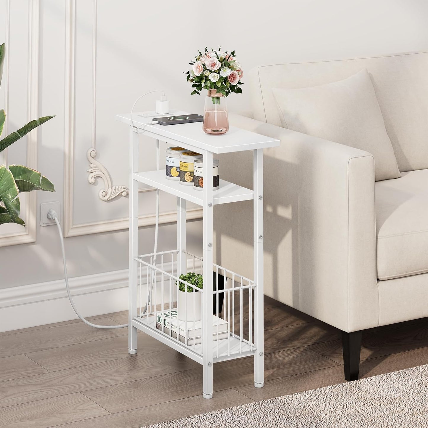 Vagusicc Narrow Side Table with Charging Station, Skinny Side End Table for Couch, 3-Tier Small End Tables for Small Spaces, 25.2" Tall Slim Nightstand Bedside Table for Living Room, Bedroom, White