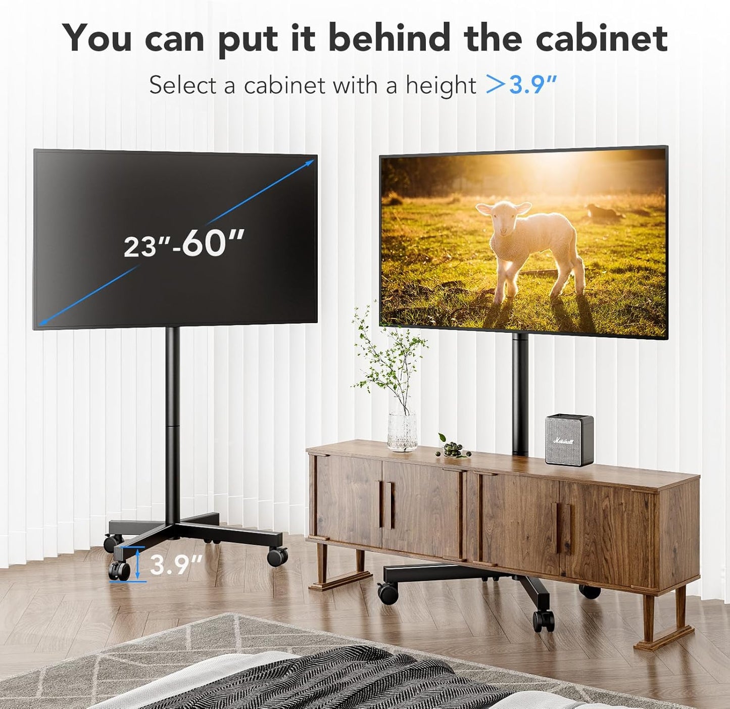 AX WABER Mobile TV Cart Stand with Wheels for 23-60" tvs, Height Adjustable, Portable Floor Stand Holds up to 88 lbs, Rolling TV Mount max VESA 400x400mm